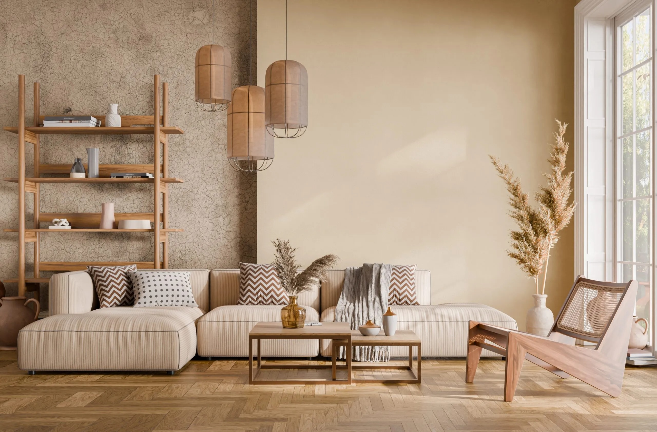 Modern living room featuring warm beige tones and elegant decor, symbolizing expat housing services in the Netherlands that focus on comfort and style.